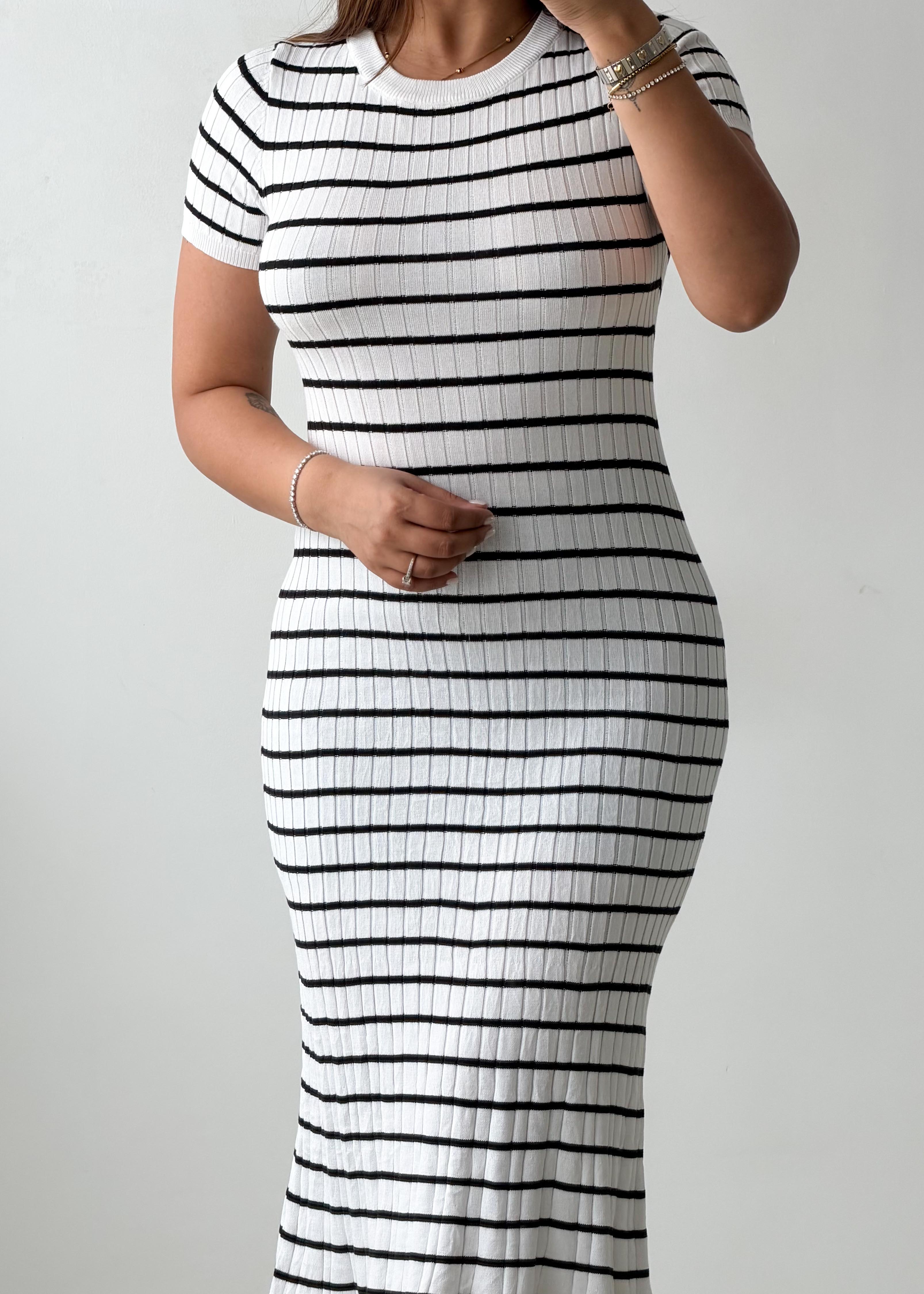 Size S-M White & Black Striped Ribbed Knit Midi Dress