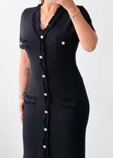Size S-M Black Button-Front Bodycon Midi Dress
