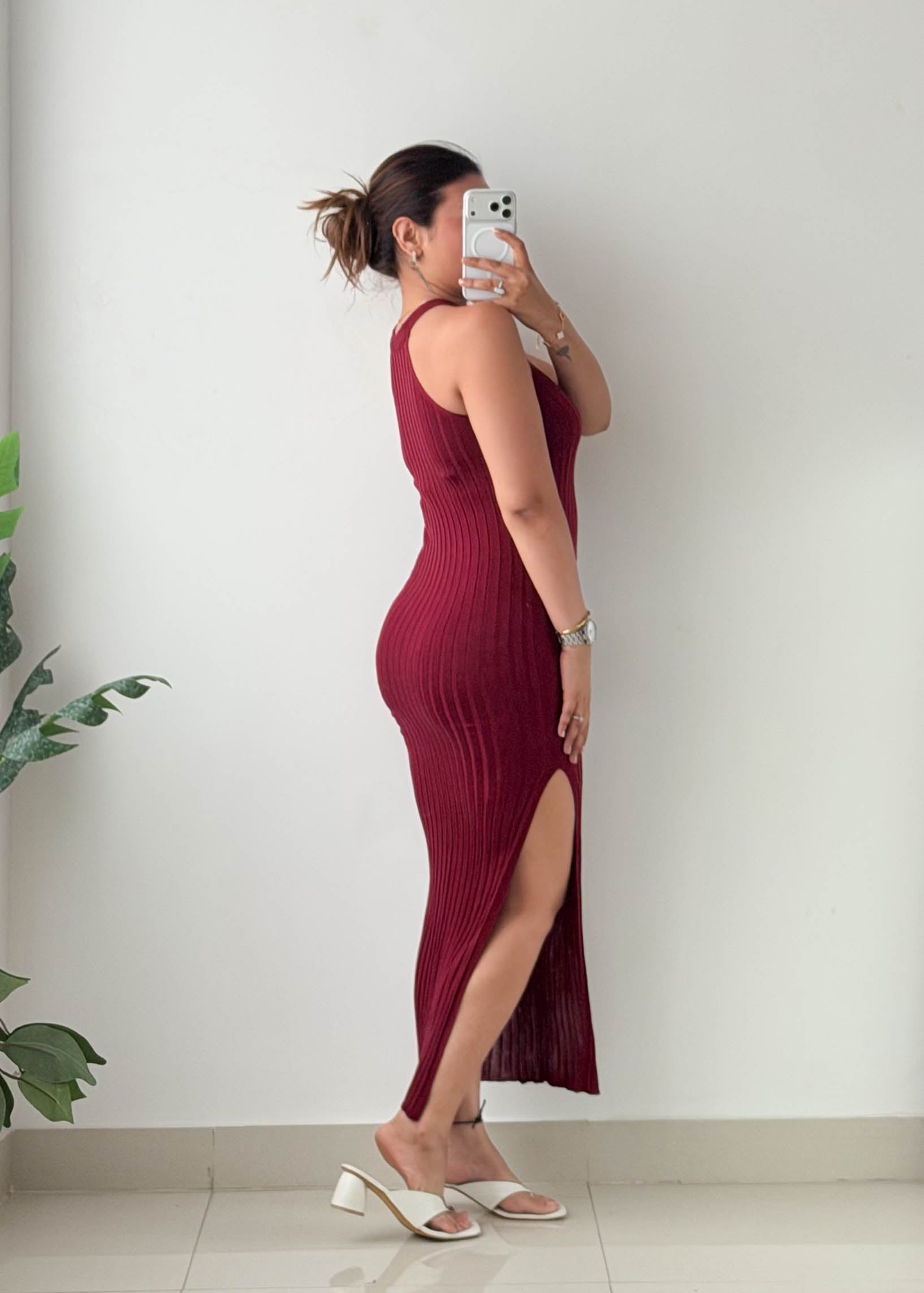 Size XS-S Burgundy Ribbed Halter Neck Maxi Dress