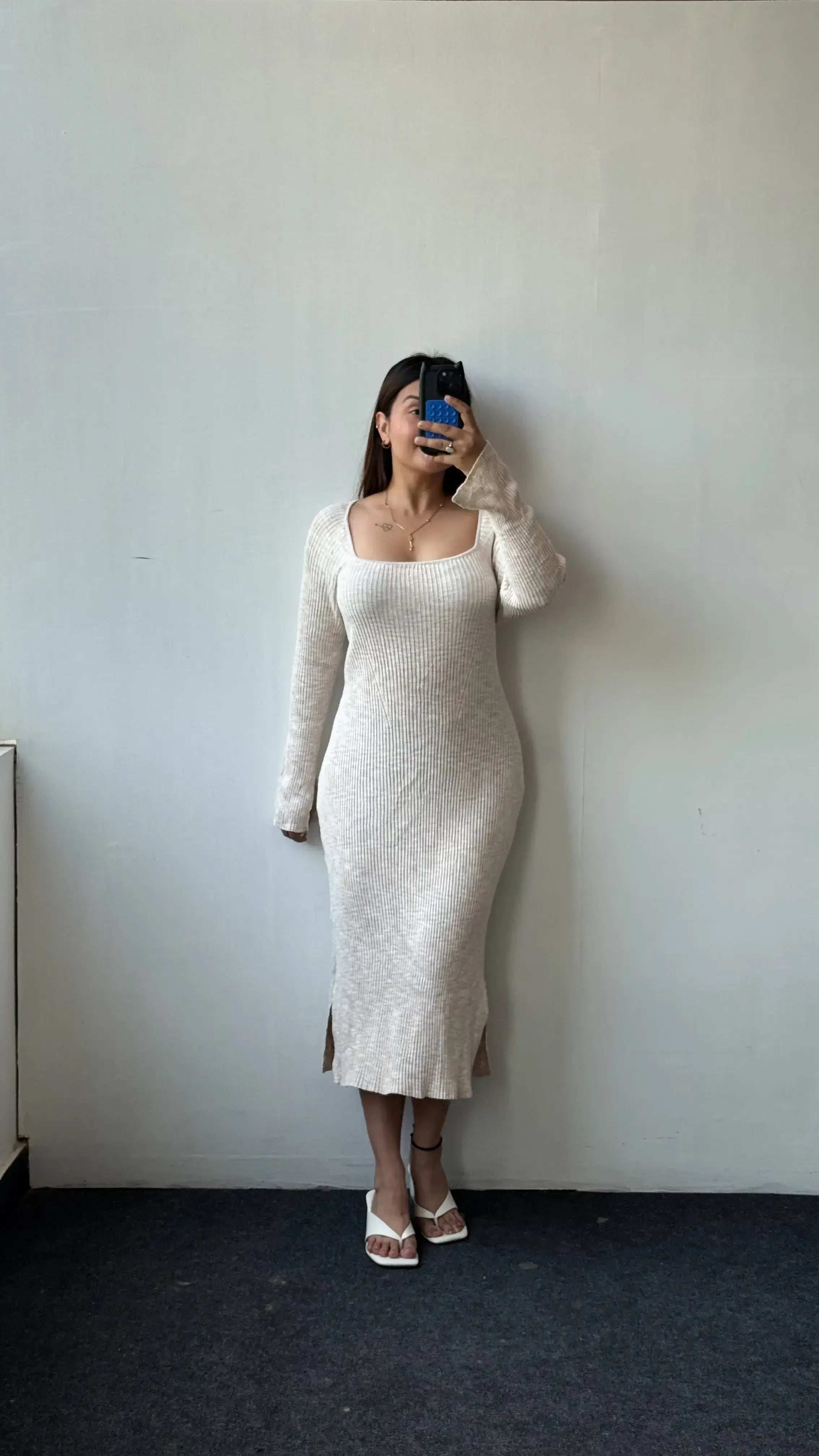 White Soft Knit Long Sleeve Midi Dress