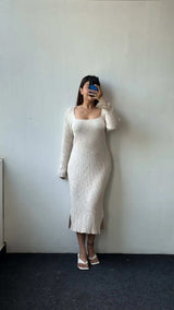 White Soft Knit Long Sleeve Midi Dress