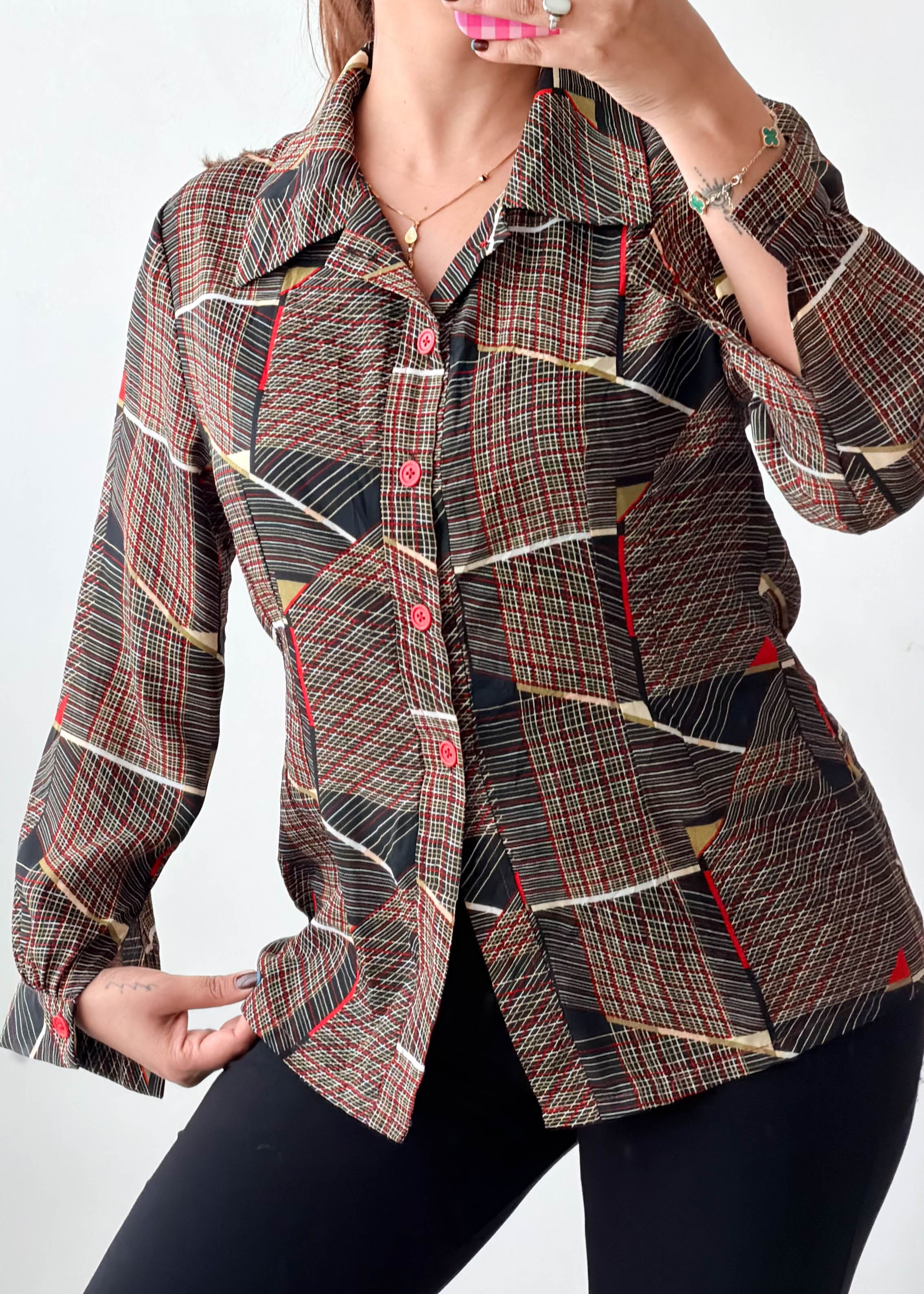 Size M Brown Geometric Checked Shirt Top
