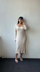 White Soft Knit Long Sleeve Midi Dress