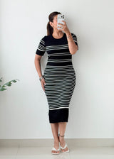 Size M-L Black Striped Ribbed Midi Dress