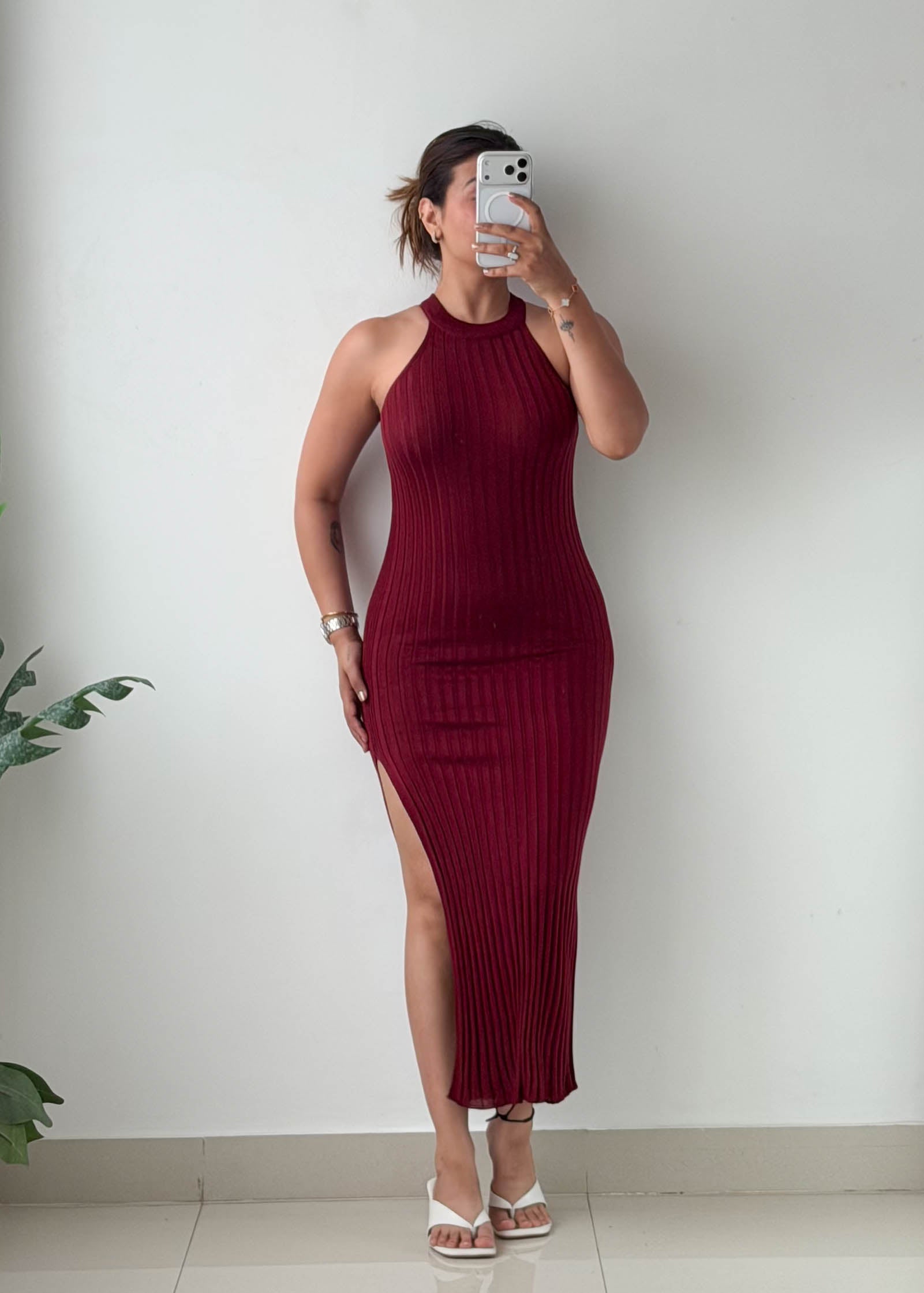 Size XS-S Burgundy Ribbed Halter Neck Maxi Dress