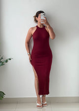 Size XS-S Burgundy Ribbed Halter Neck Maxi Dress