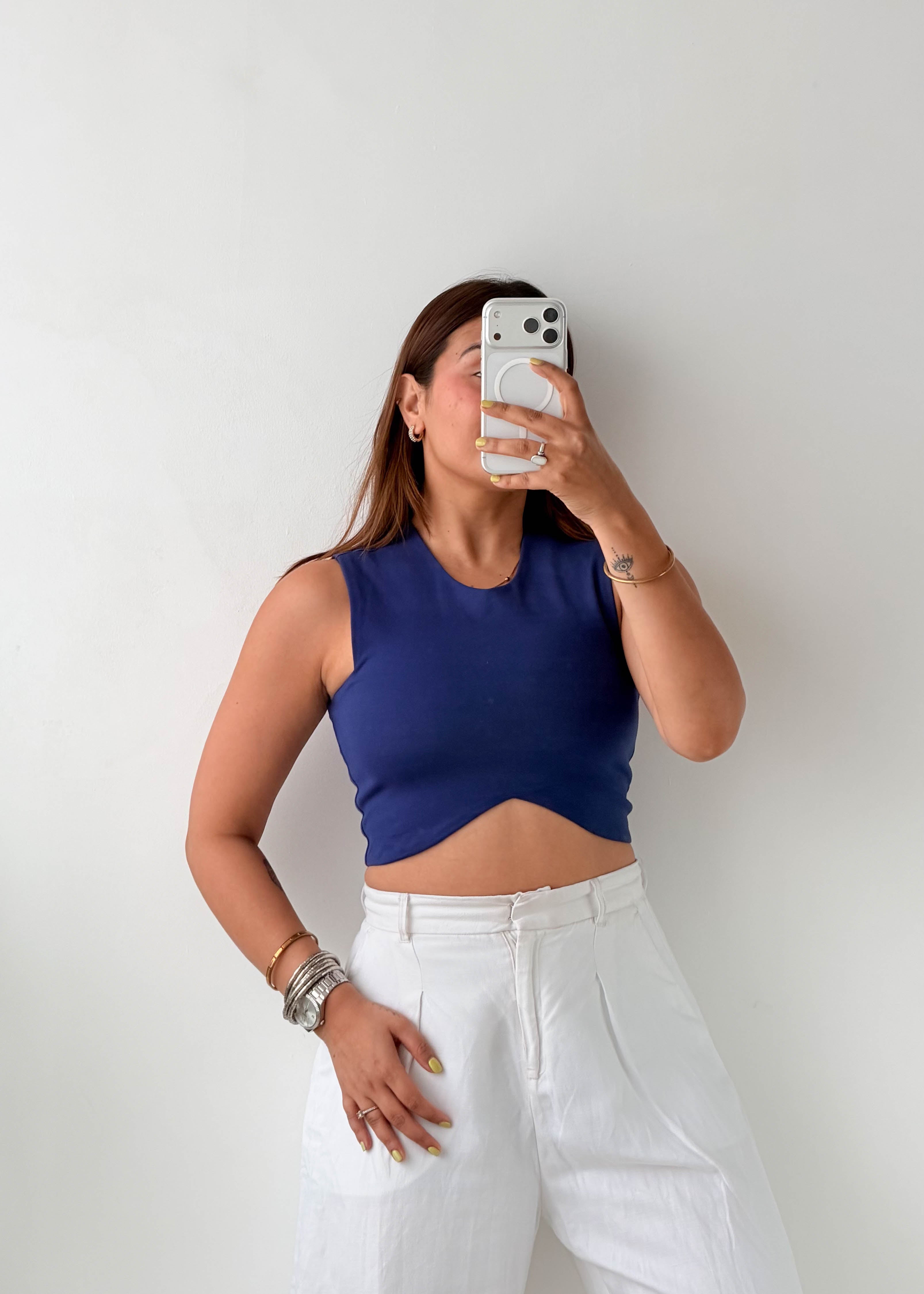 Size S-M Navy Asymmetric Hem Crop Top