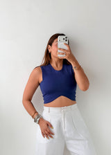 Size S-M Navy Asymmetric Hem Crop Top