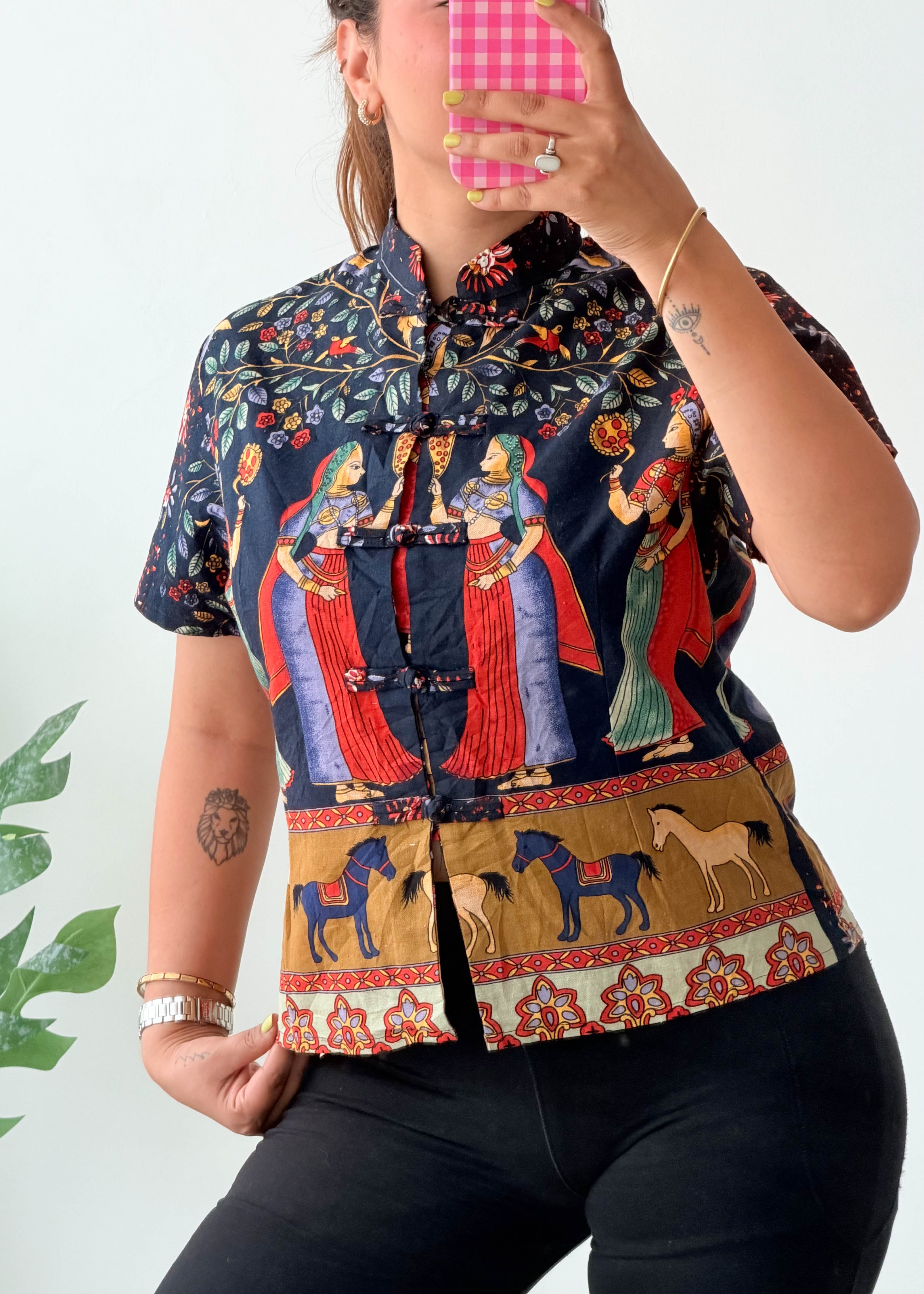 Size S-M Black Oriental Print Mandarin Collar Shirt