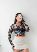 Size XS-S Grey Abstract Mesh Crop Top