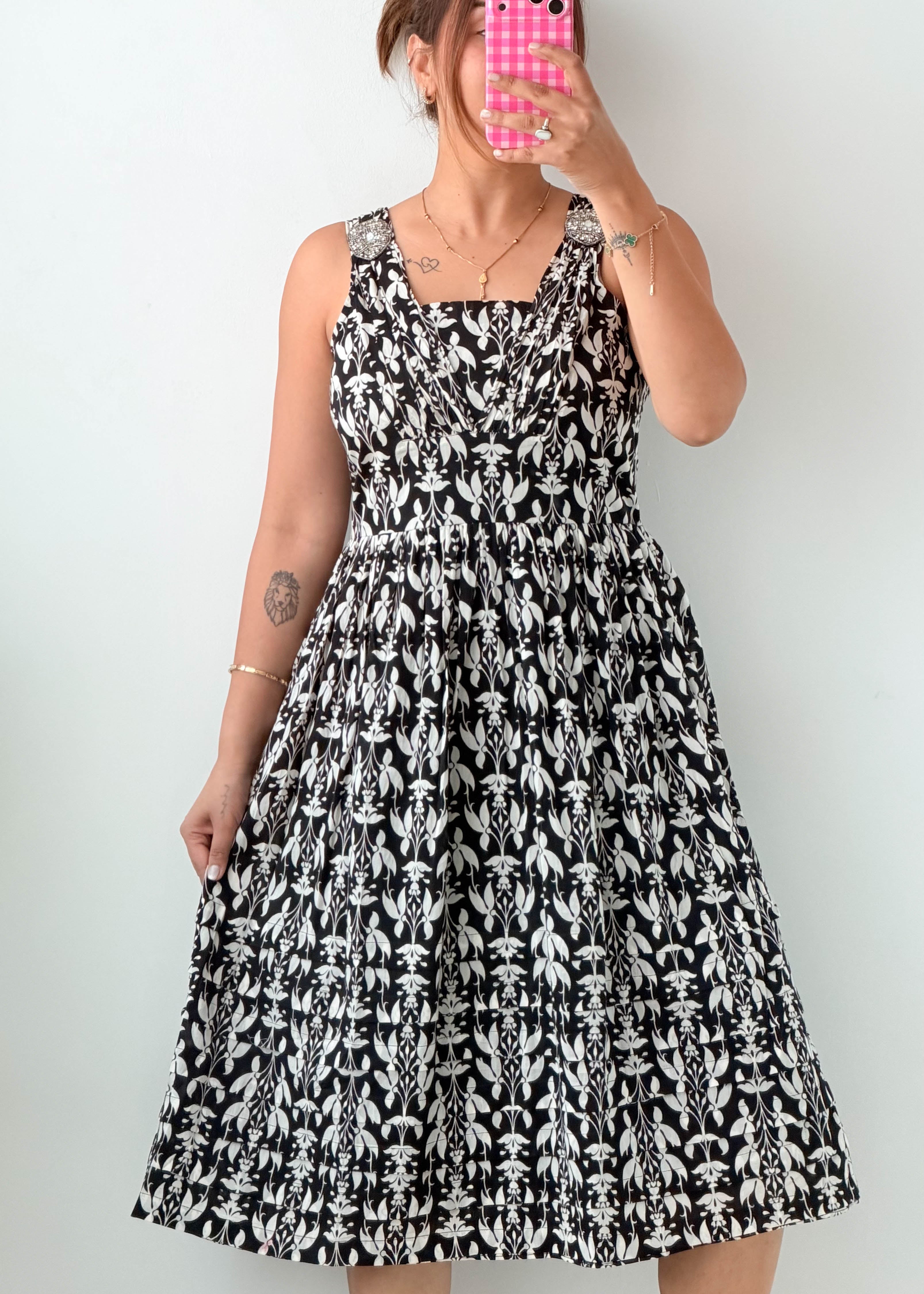 Size S-M Black Floral Smocked Midi Dress