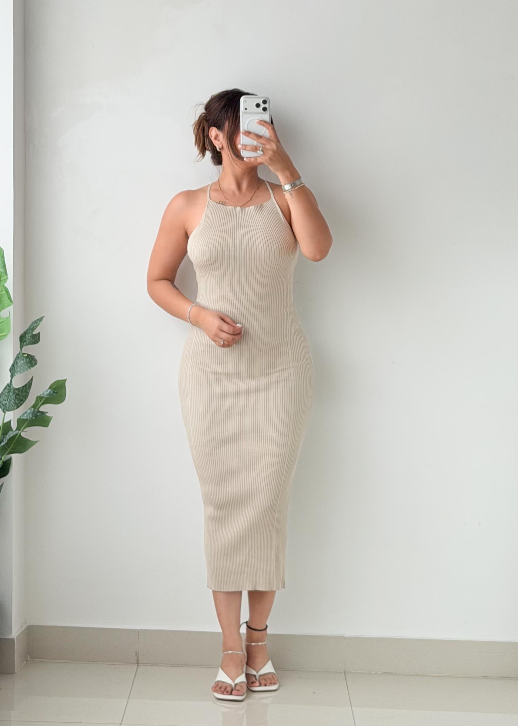 Size XS-S Beige Ribbed Midi Dress