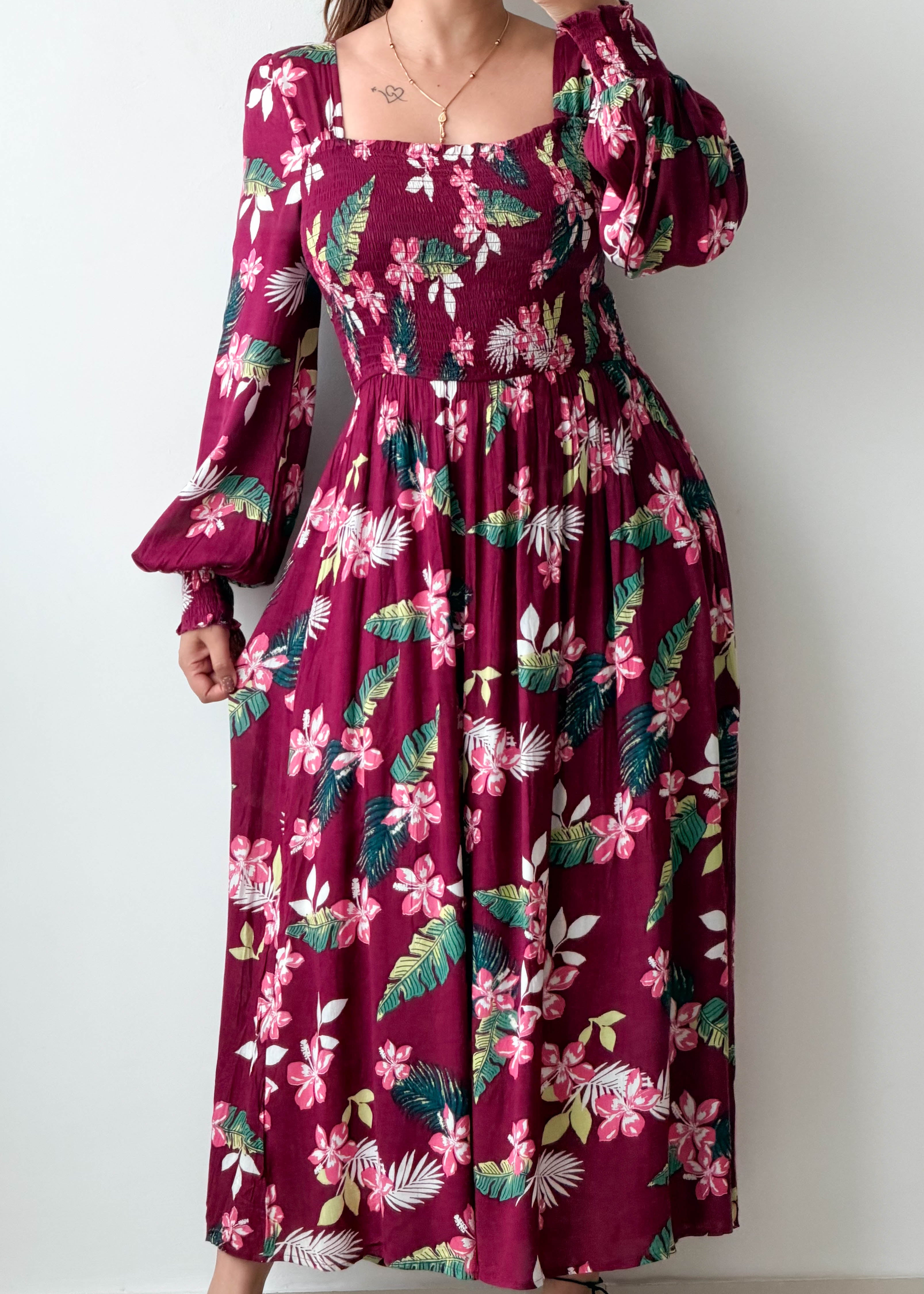 Size S-M Burgundy Floral Midi Dress