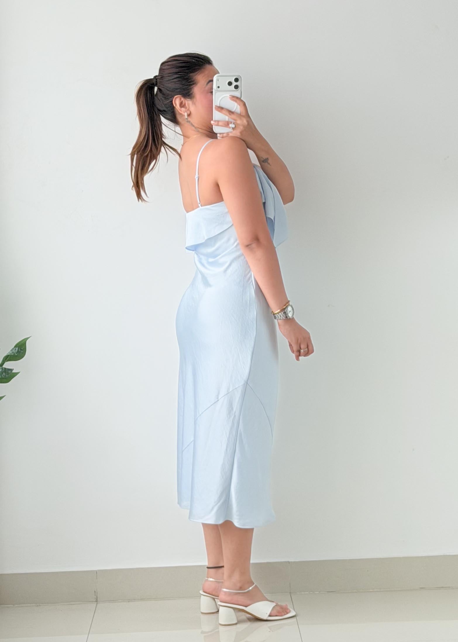 Size S-M Sky Blue Satin Cowl Midi Dress