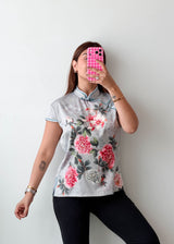 Size M Grey Floral Mandarin Collar Top