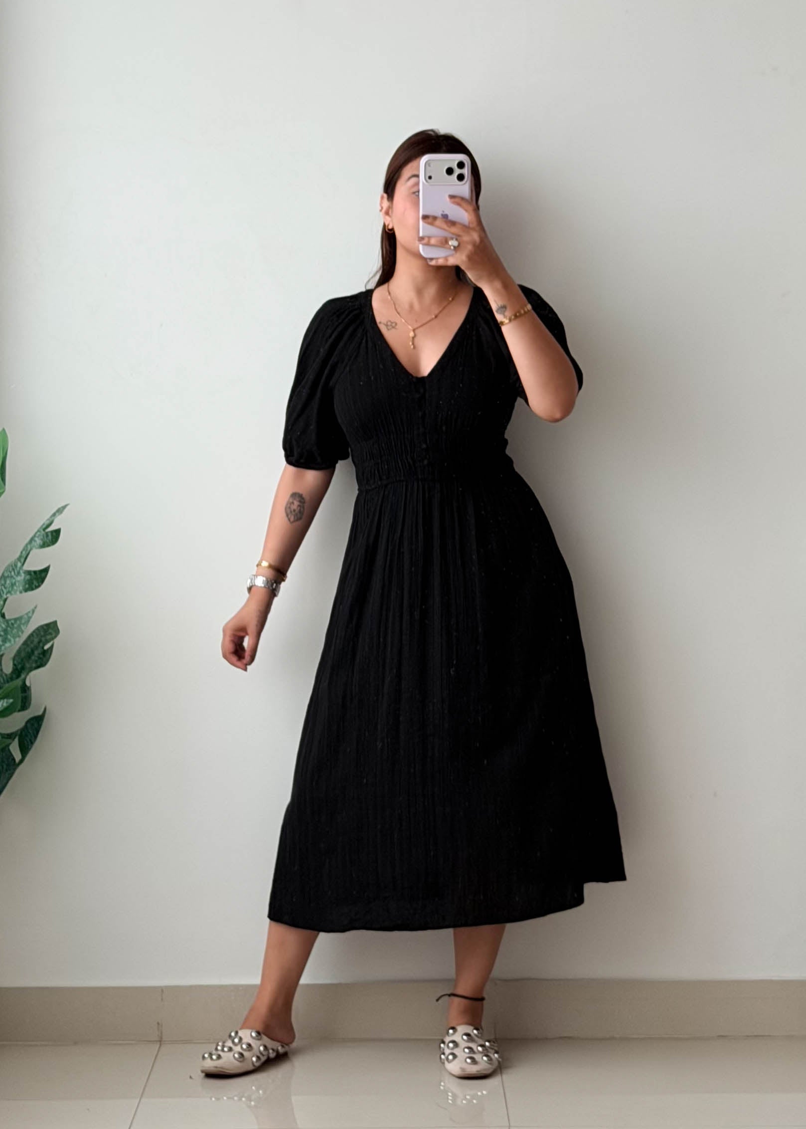 XS-S Black Puff Sleeve Midi Dress