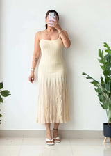 Size S- M, Cream Pleated Ribbed Midi Dress - Closet by Payal