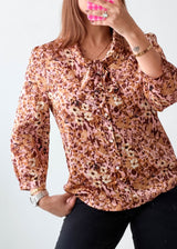 Size XS-S Beige Floral Tie-Neck Blouse