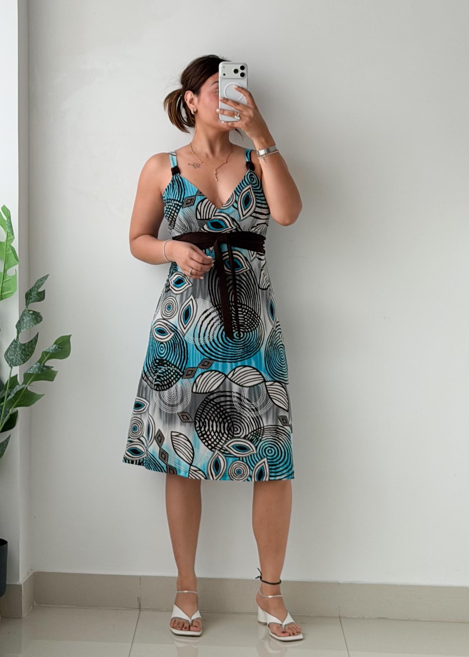 Size M-L Blue Printed Tie-Waist Midi Dress