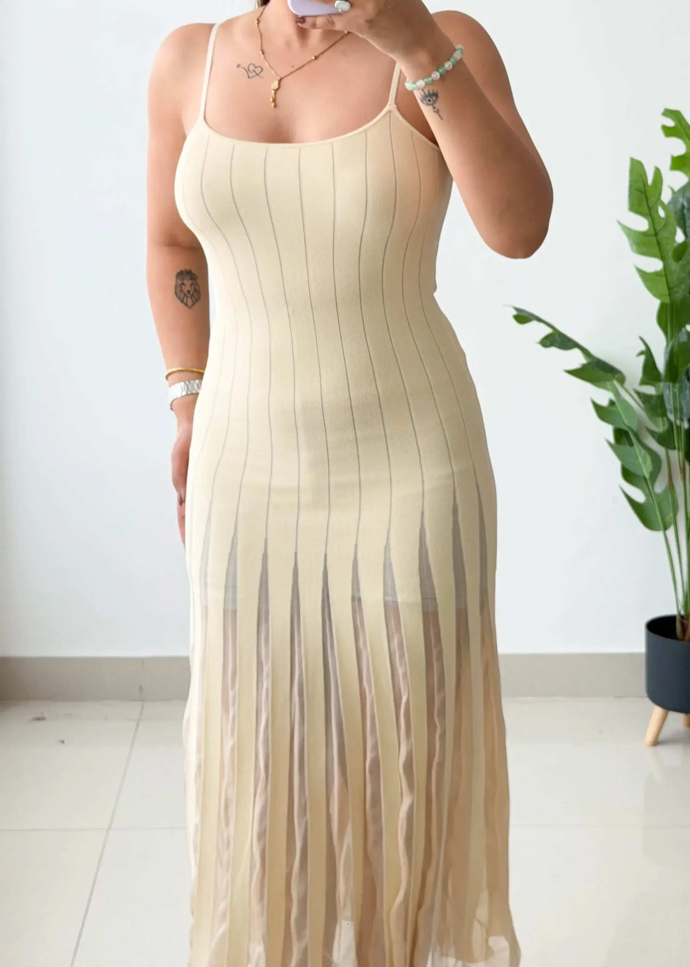 Size S- M, Cream Pleated Ribbed Midi Dress - Closet by Payal