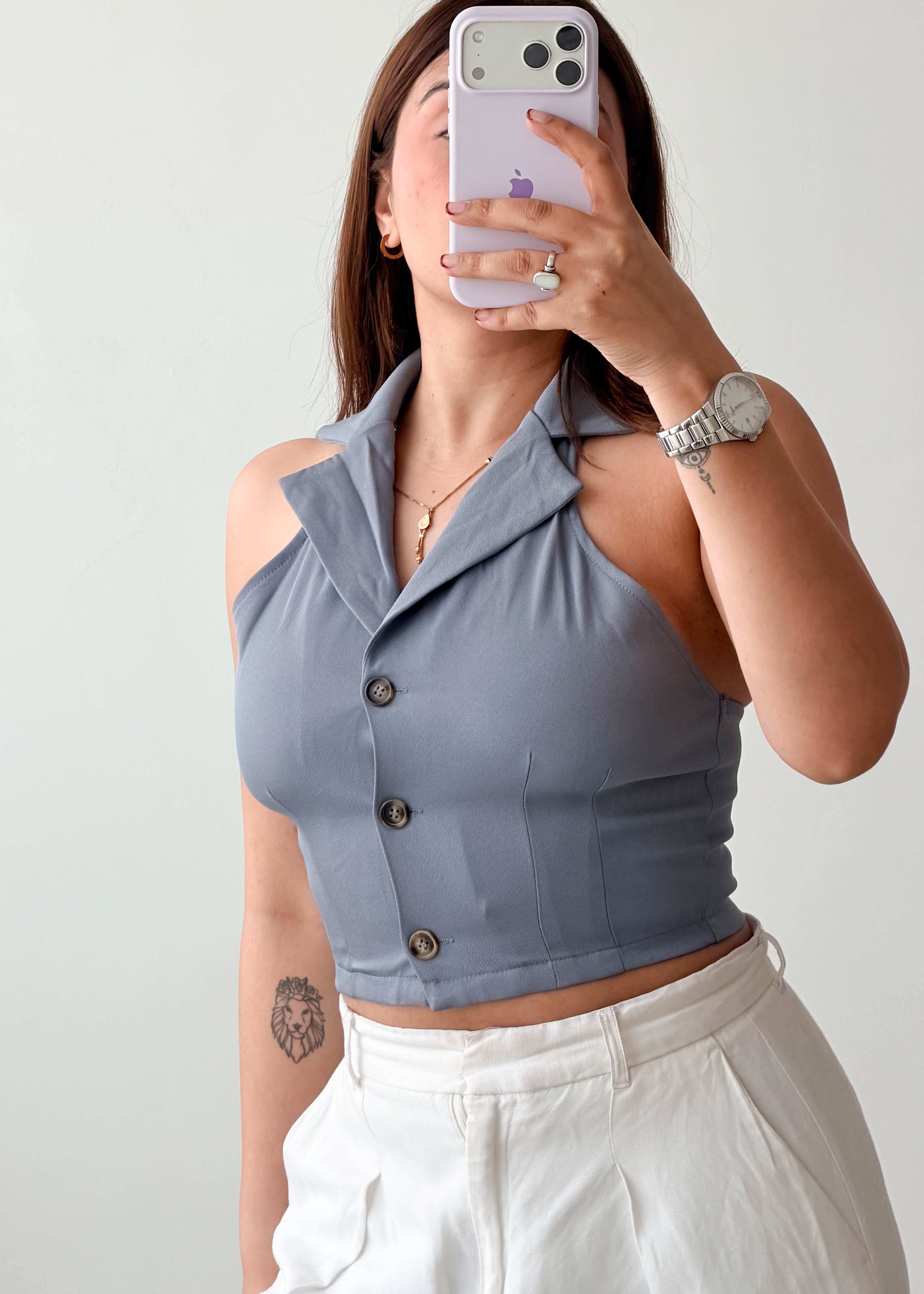 Size S Grey Halter Collar Crop Top