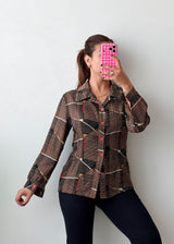 Size M Brown Geometric Checked Shirt Top