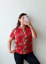 S-M Red Floral Mandarin Collar Shirt