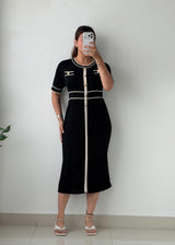 Size XL-2XL Black Contrast Pleated Midi Dress