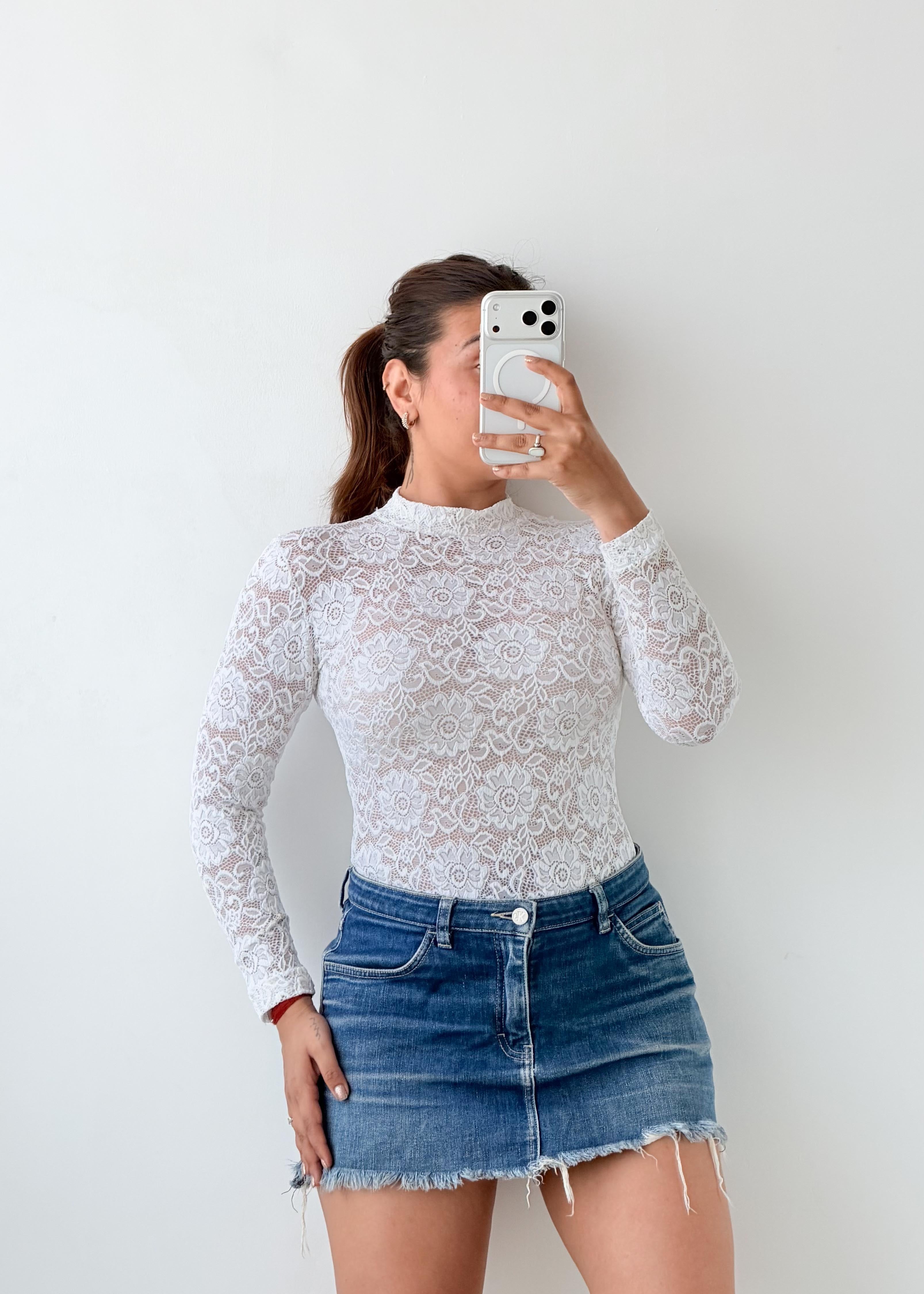 Size XS-S White High Neck Lace Bodysuit