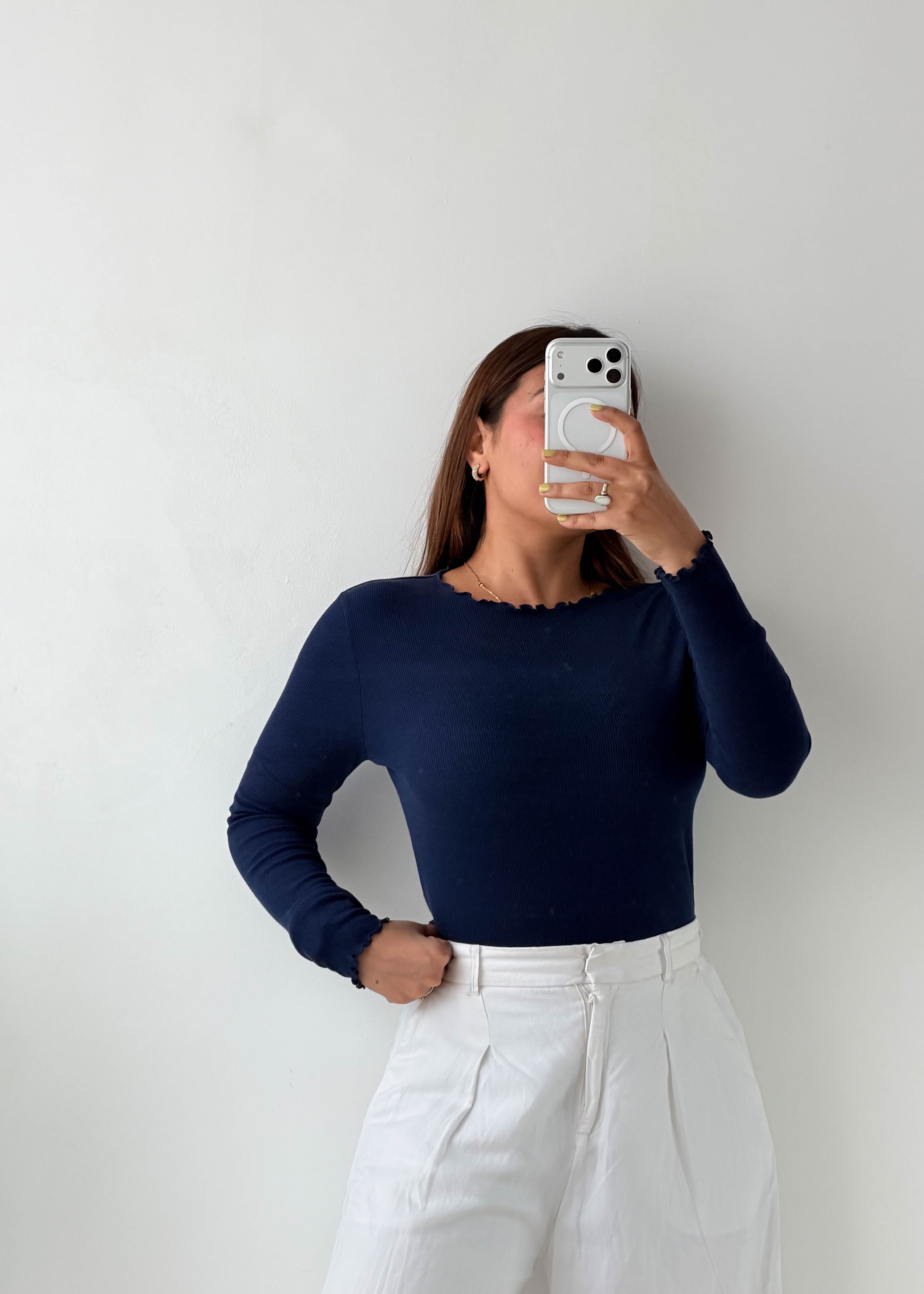 Size M-L Navy Scallop Edge Long Sleeve Top