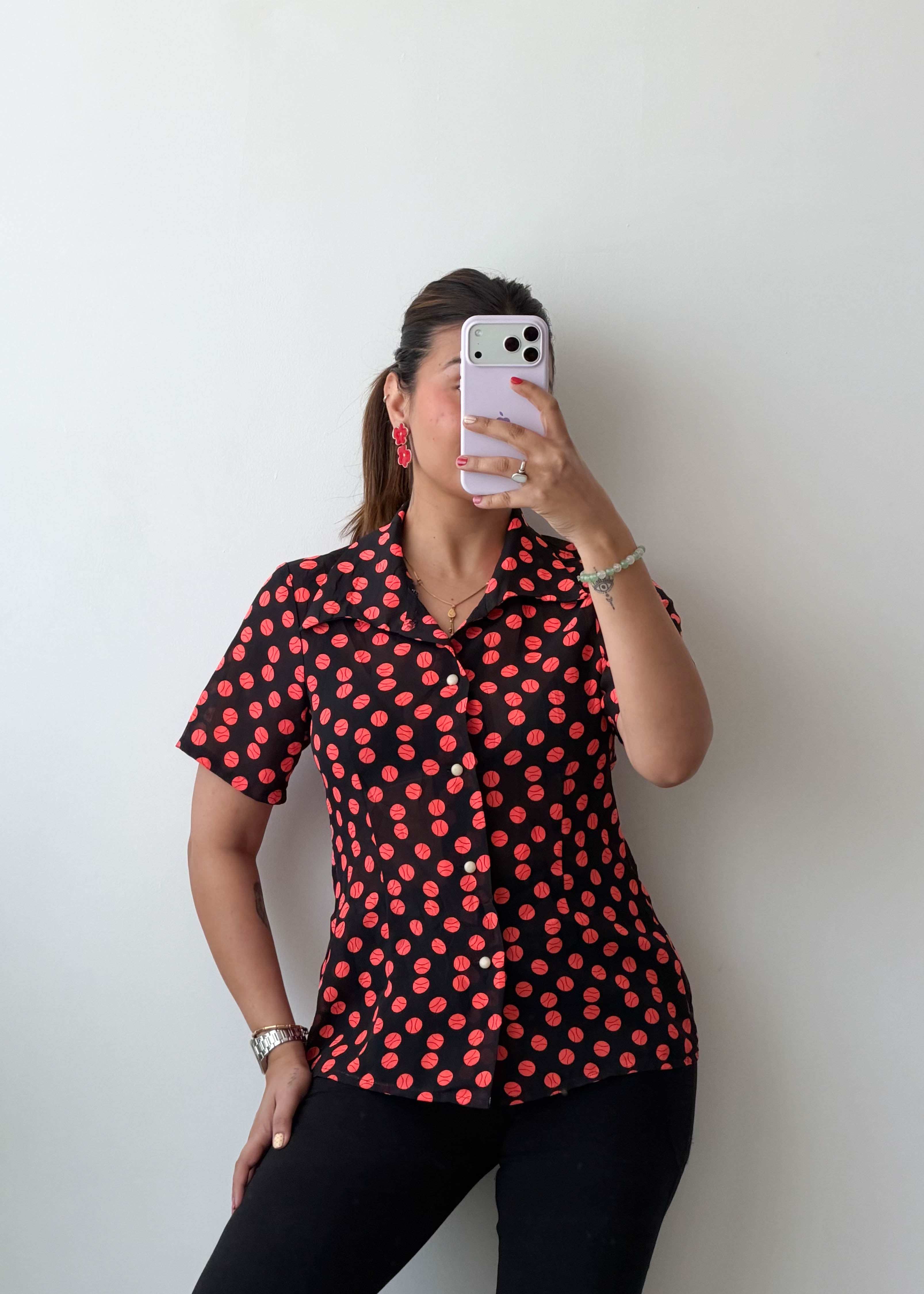 XS-S Black Red Polka Dot Viscose Crepe Shirt