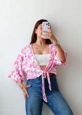 Size L-XL Pink Floral Tie-Up Crop Top