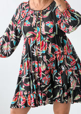 Size S-M Black Tropical Print Tiered Mini Dress