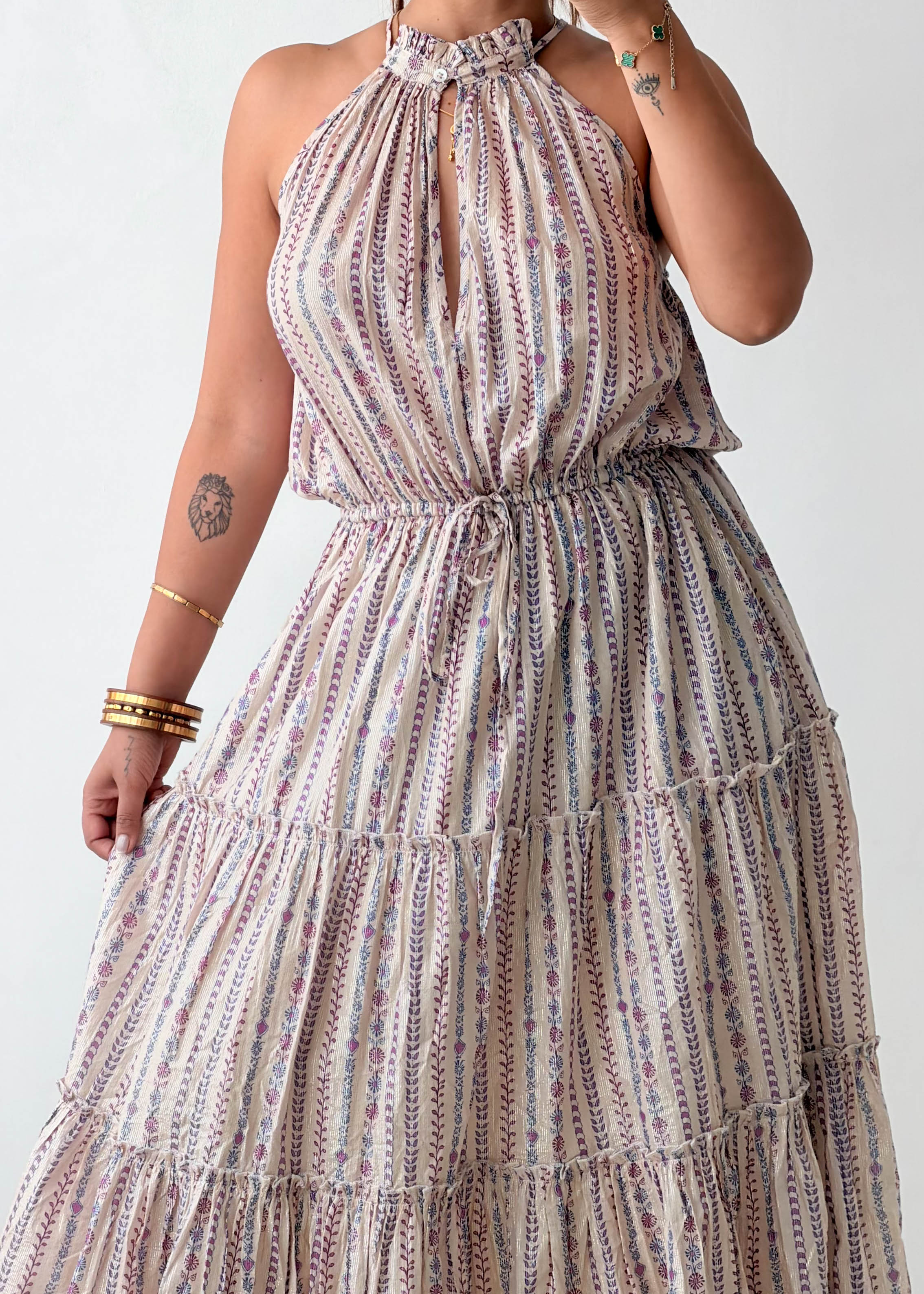 Size L-XL Beige Printed Halter Midi Dress