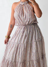Size L-XL Beige Printed Halter Midi Dress