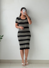 Size M-L Black & White Striped Bodycon Midi Dress