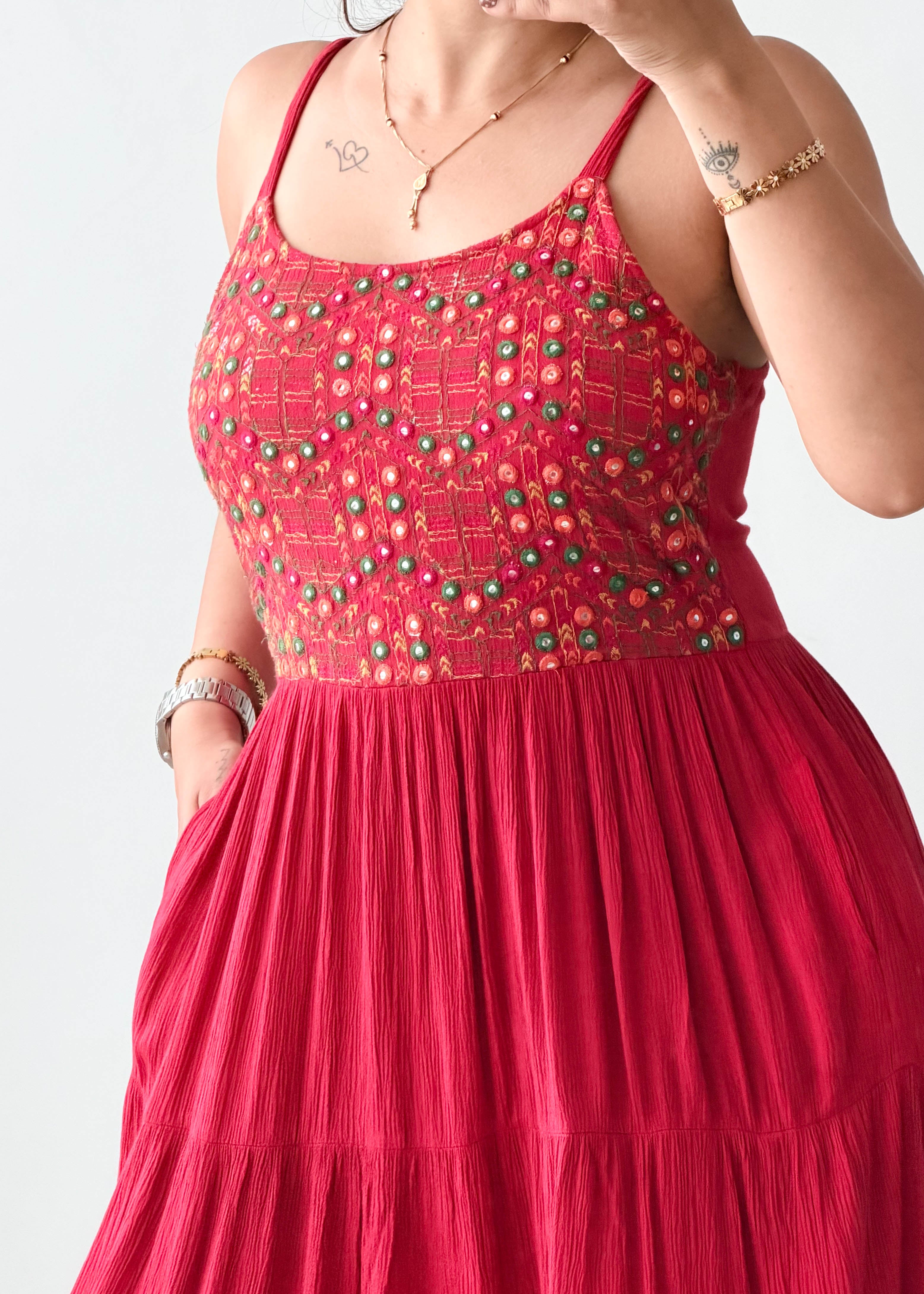 Size M-L Red Embroidered Tiered Midi Dress