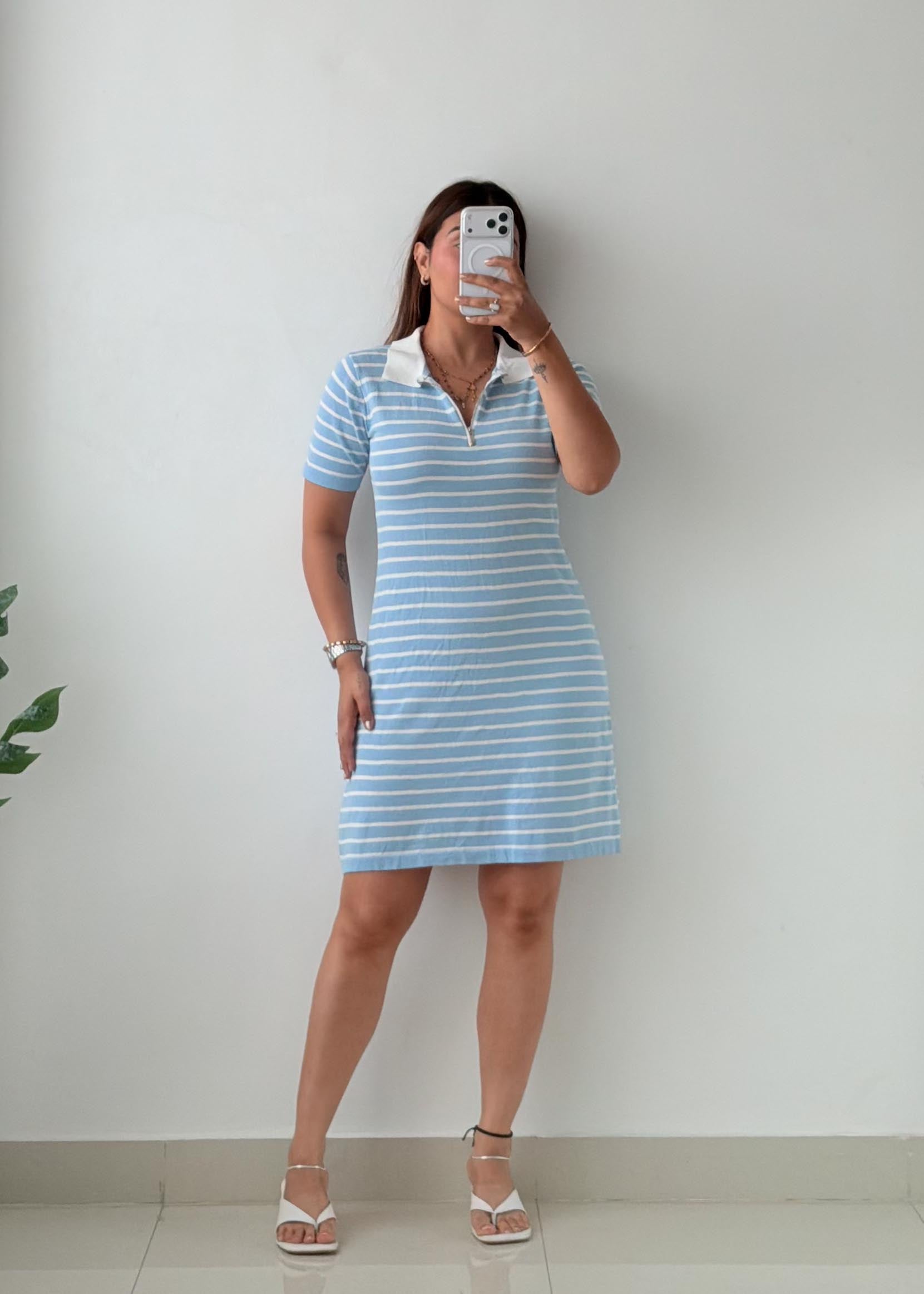 Size M-L Blue Stripe Polo Knit Mini Dress