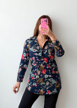Size XS-S Navy Multicolor Floral Longline Shirt Top