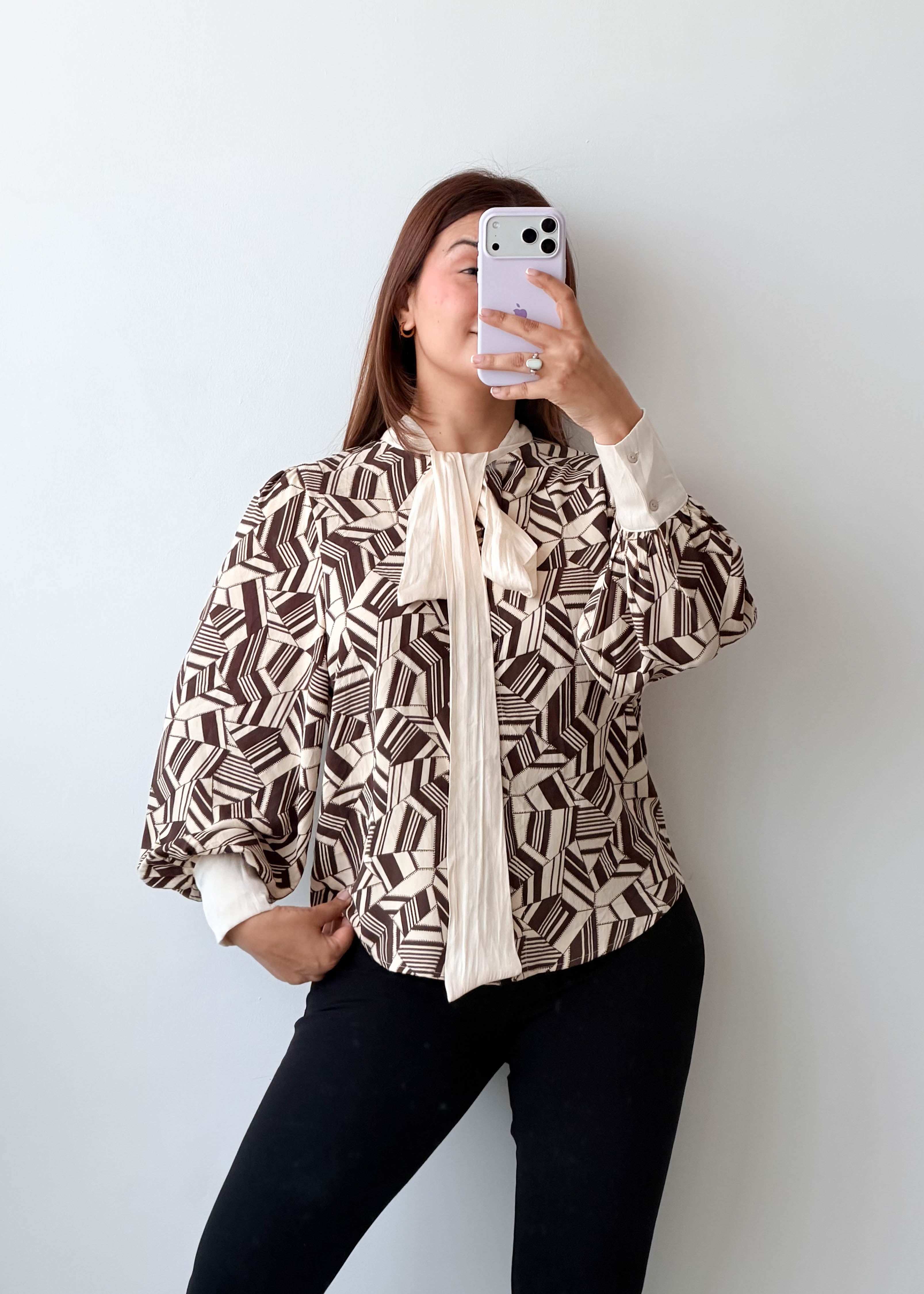 Size S-M Brown Geometric Bow Tie Blouse