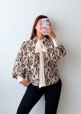 Size S-M Brown Geometric Bow Tie Blouse