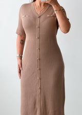 Size L-XL Mocha Ribbed Button-Front Midi Dress
