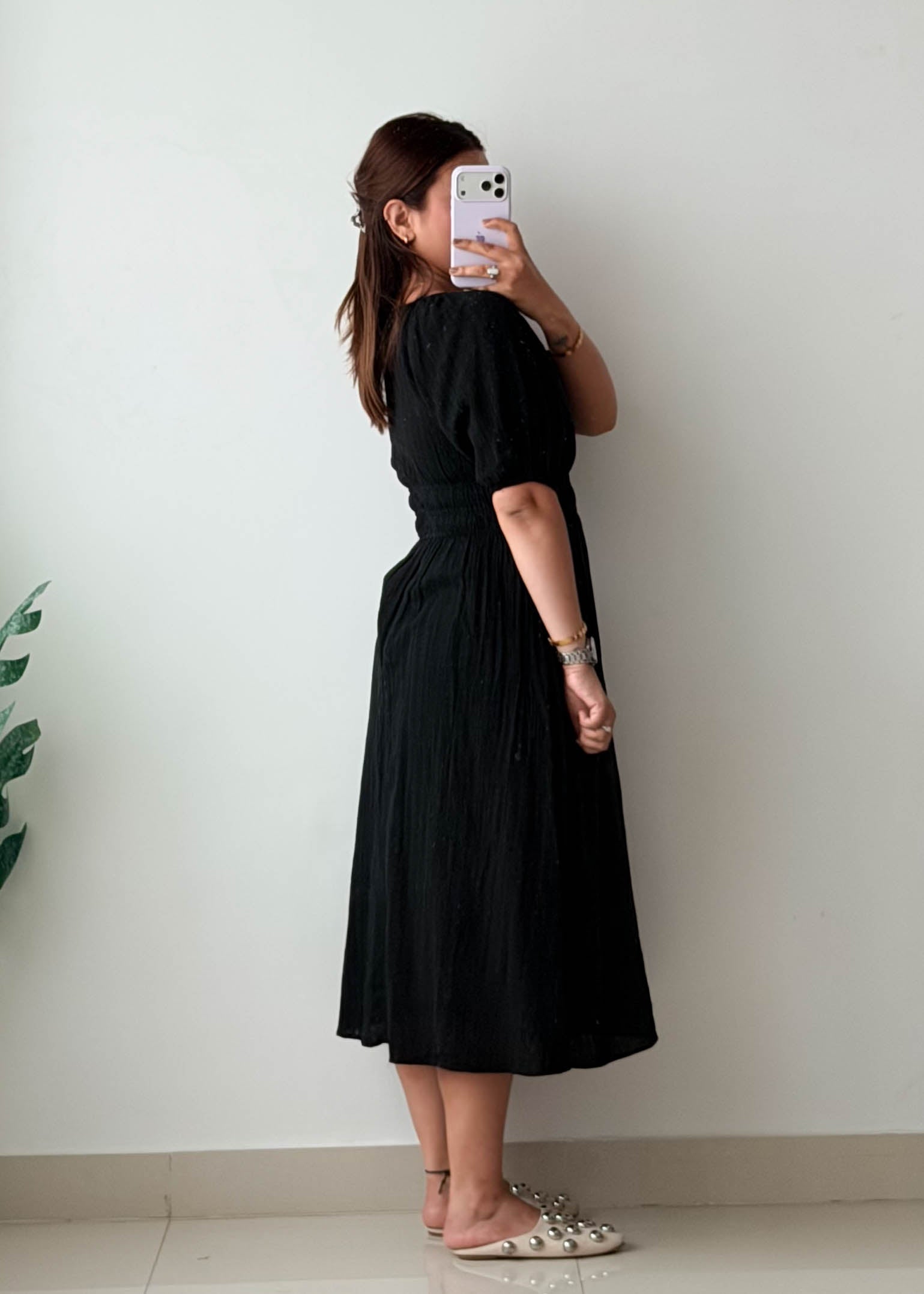 XS-S Black Puff Sleeve Midi Dress
