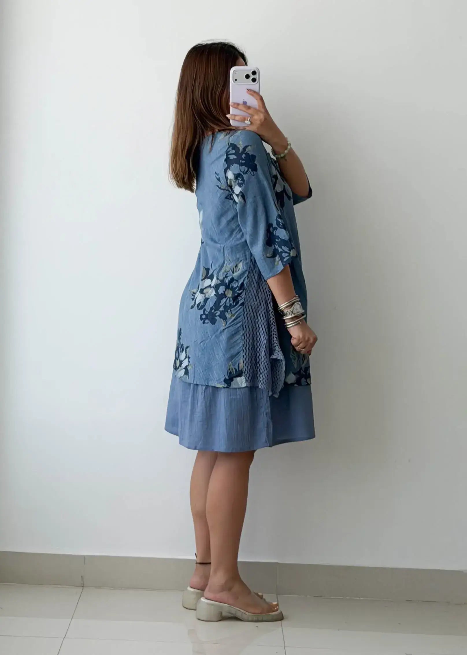 Size M-L, Blue Floral Layered Midi Dress