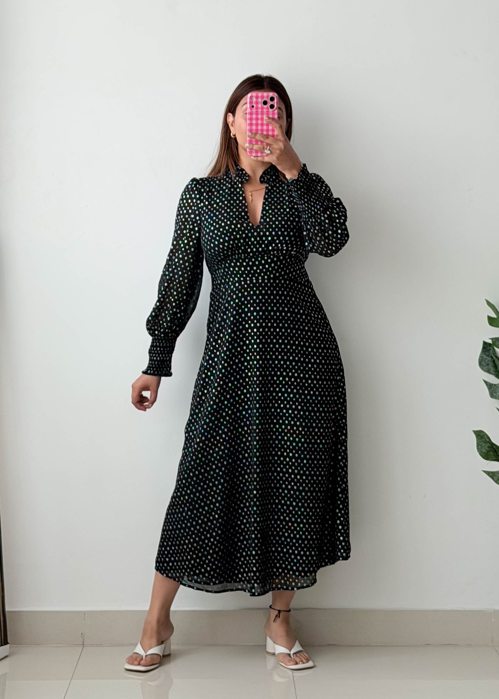 Size XS-S Black Polka Dot Midi Dress