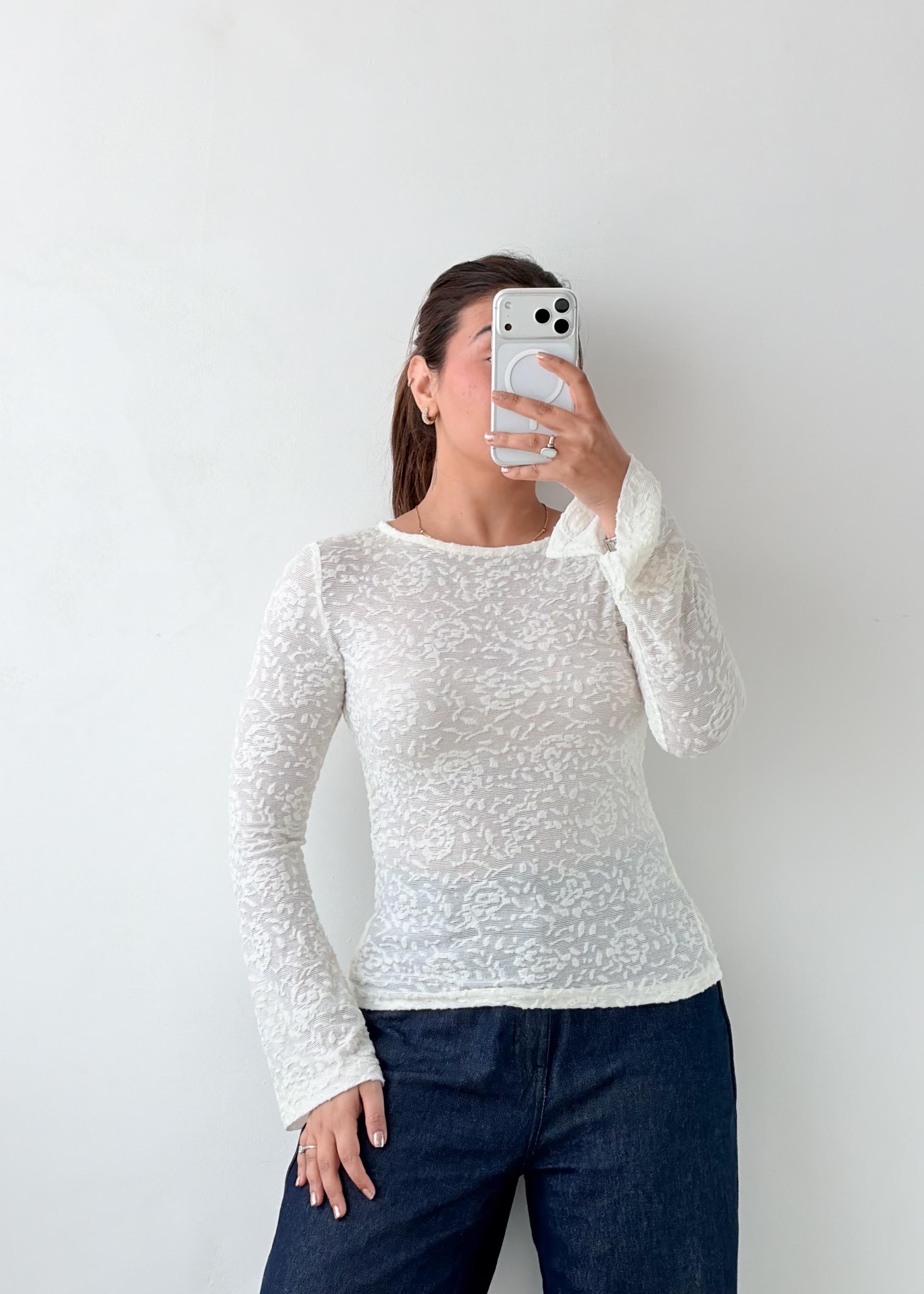 Size S-M White Textured Lace Top