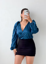 Size XS-S Teal Satin Puff Sleeve Bodysuit