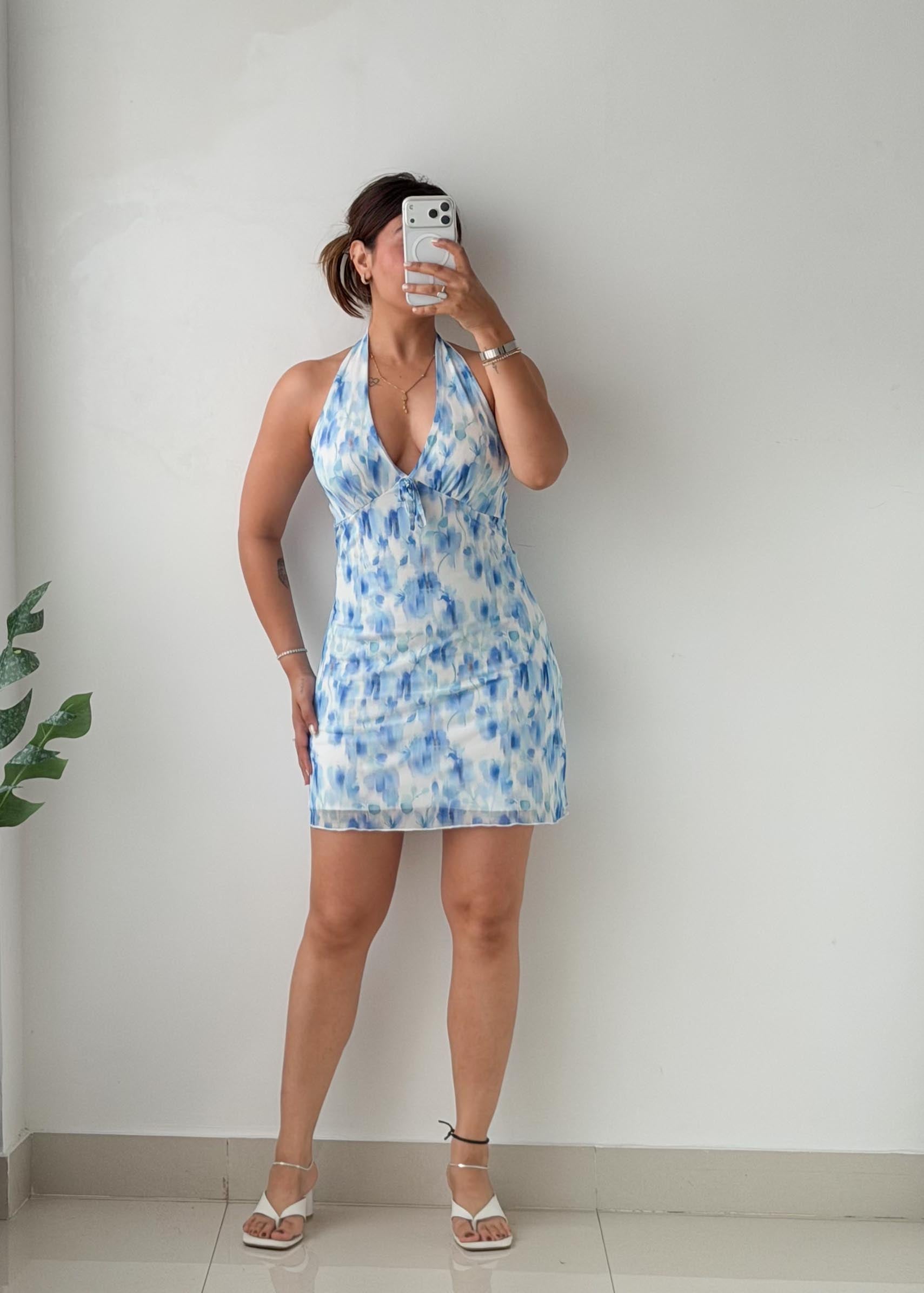 Size XS-S Blue Tie-Dye Halter Mini Dress