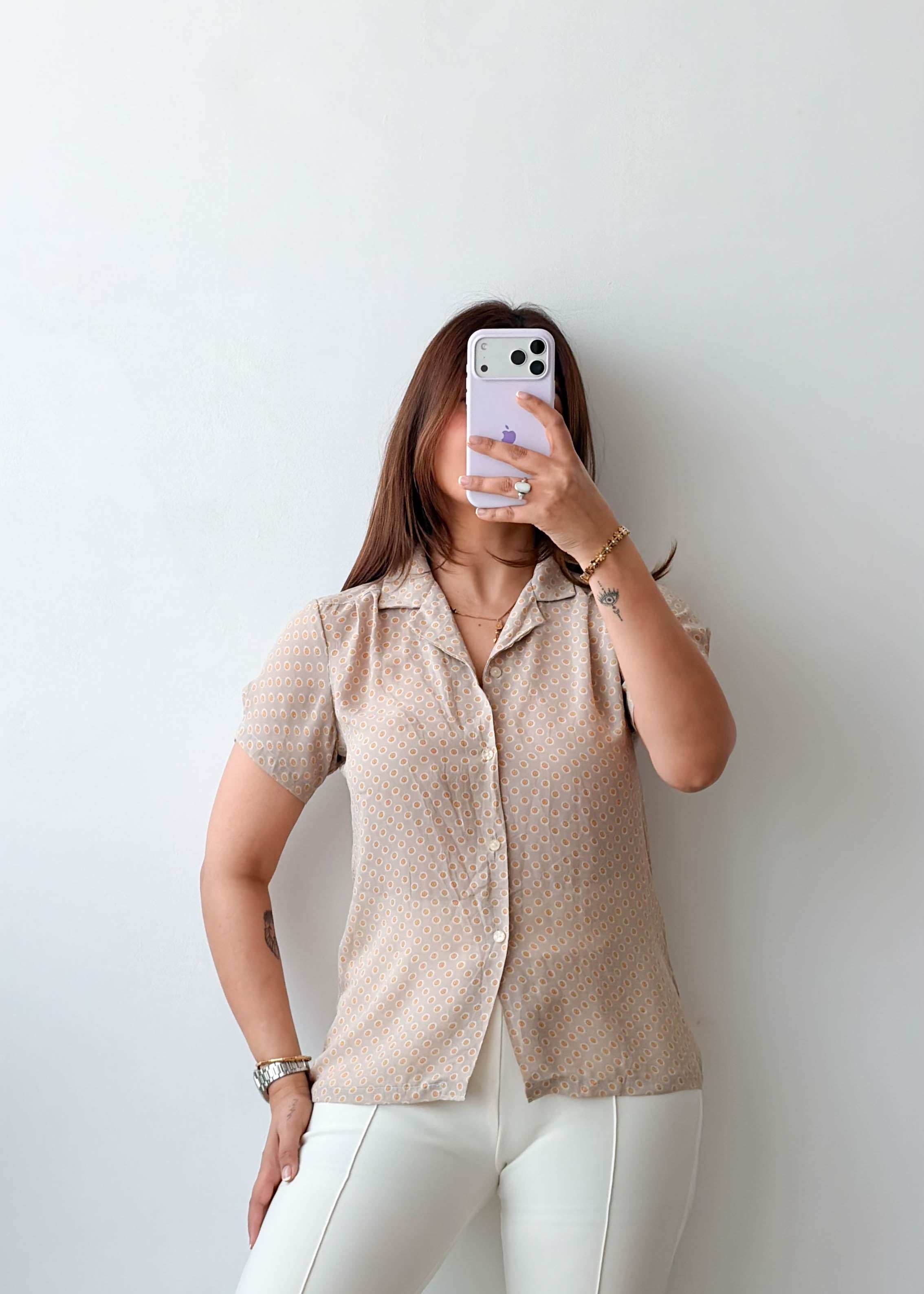 Size XS-S Beige Micro Print Shirt Top