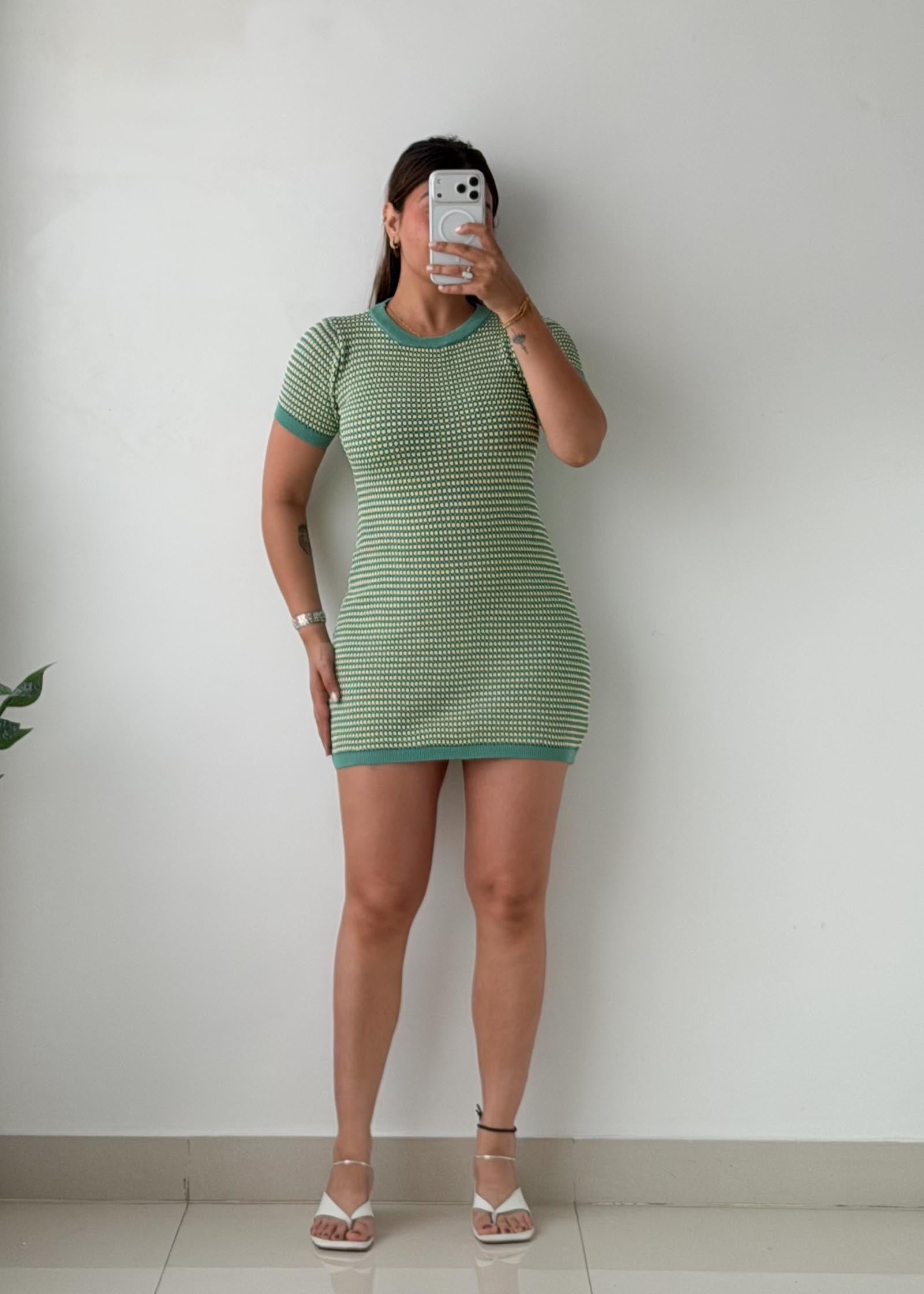 Size S-M Green & White Striped Bodycon Mini Dress